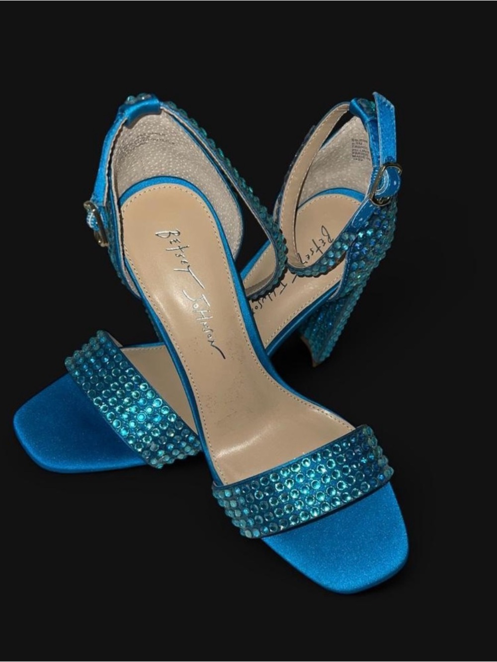 Betsey Johnson Teal Blue Crystal-Studded Block Heel Sandals